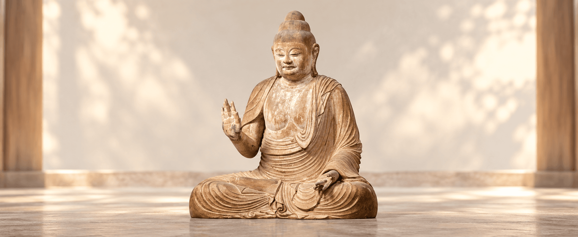 Statua in legno del Buddha Śākyamuni seduto in meditazione